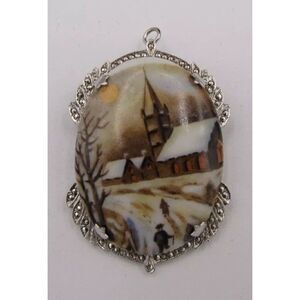 Antique Limoges Painted Brooch Sterling Silver 2 inch France Winter Church Scene